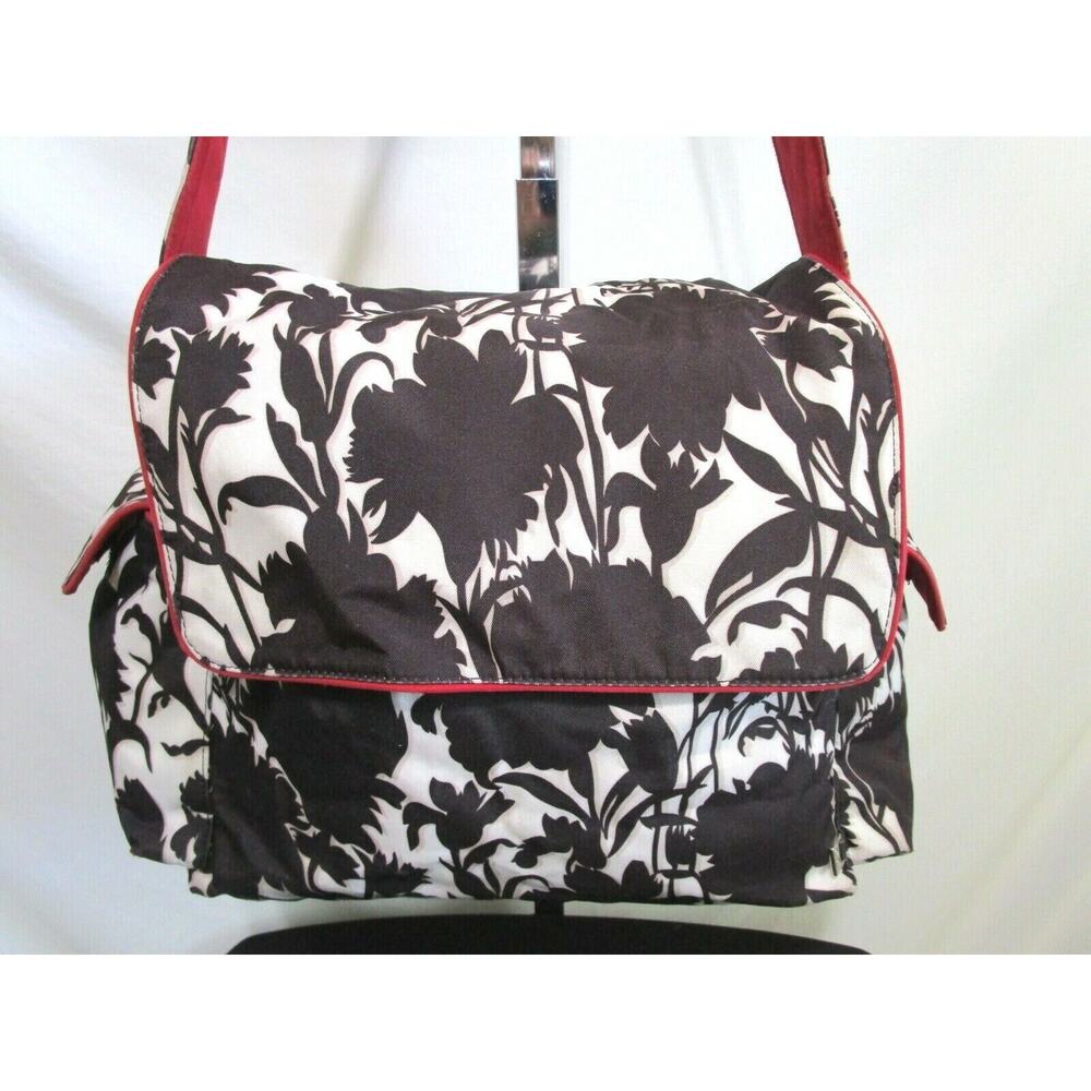 Oioi Black & White Floral Red Trim Nylon Large Crossbody Messenger Diaper Bag